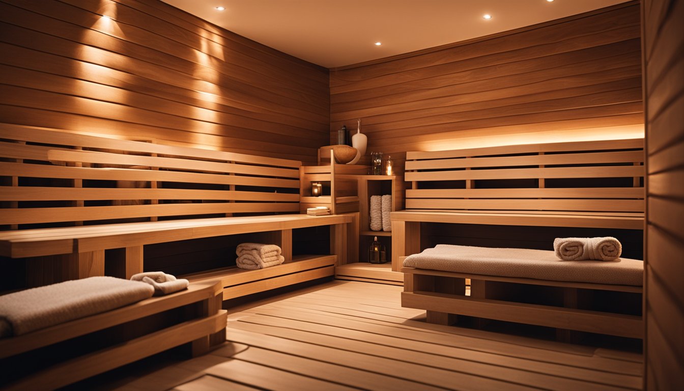 A cozy sauna with soft lighting, aromatic oils, and plush towels for a luxurious and relaxing experience