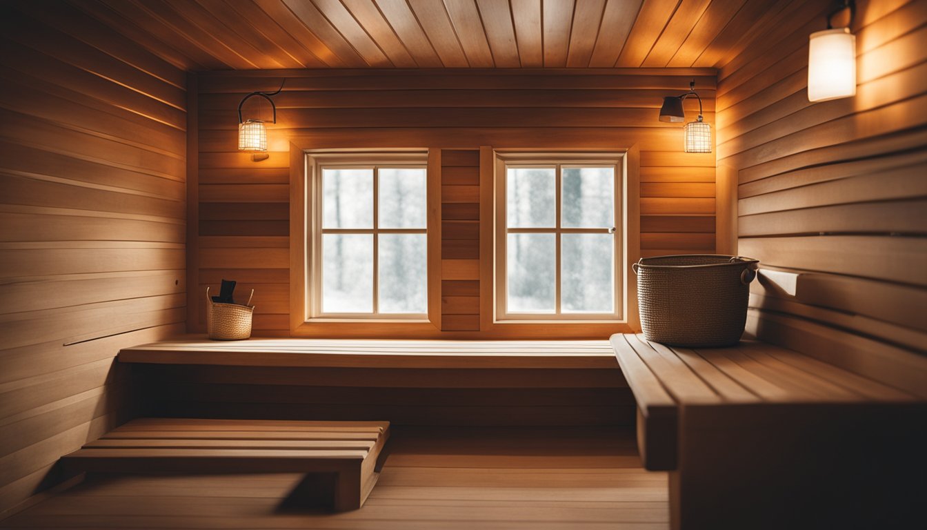 A cozy home sauna with soft lighting, a wooden bench, and a bucket of water and ladle for relaxation