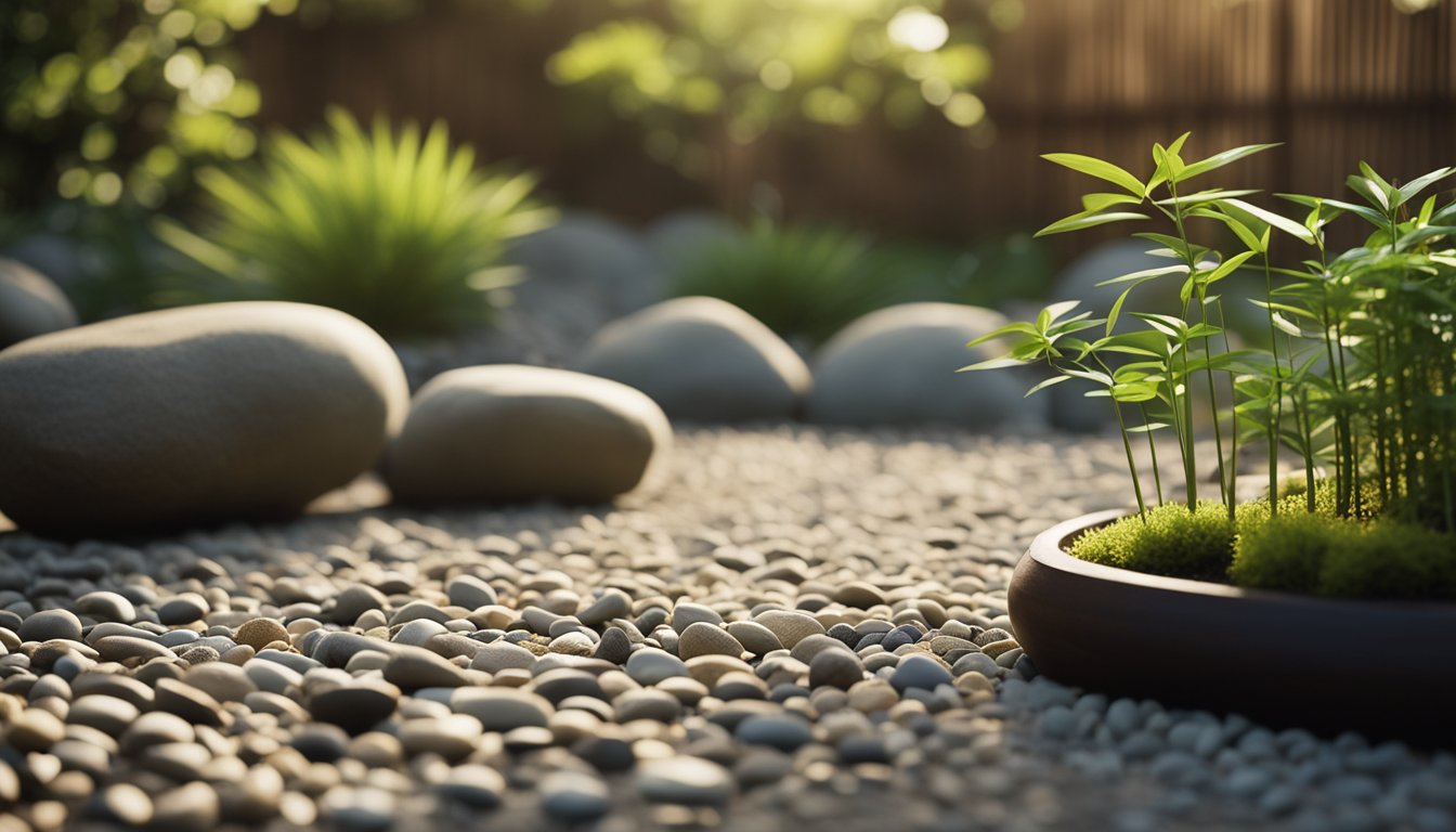 A tranquil Zen garden with raked gravel, smooth stones, and carefully placed plants, surrounded by a wooden fence and softly swaying bamboo