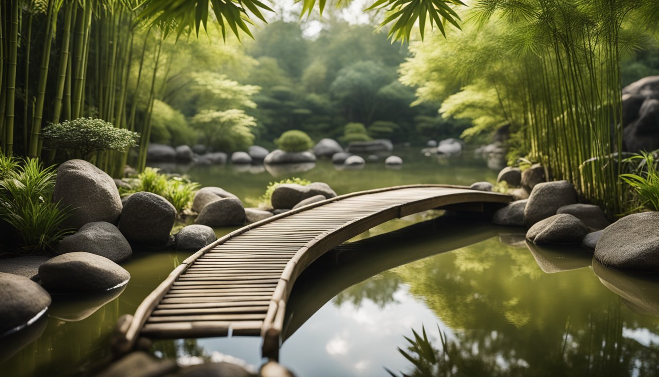 A serene Zen garden with raked gravel, carefully placed rocks, and a simple bridge over a tranquil pond. Tall bamboo and a backdrop of greenery complete the peaceful setting