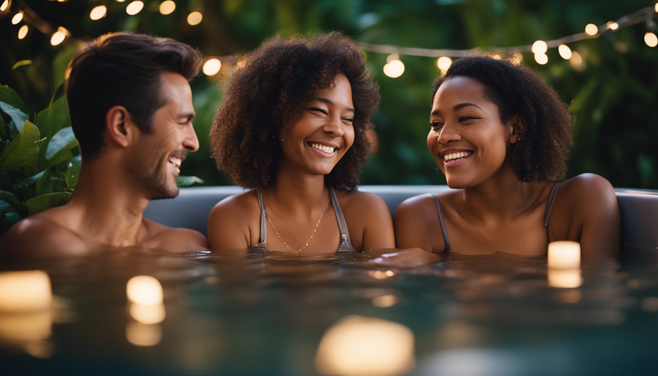 A family of four enjoys a sunset soak in their hot tub, surrounded by lush greenery and twinkling string lights. Laughter and relaxation fill the air