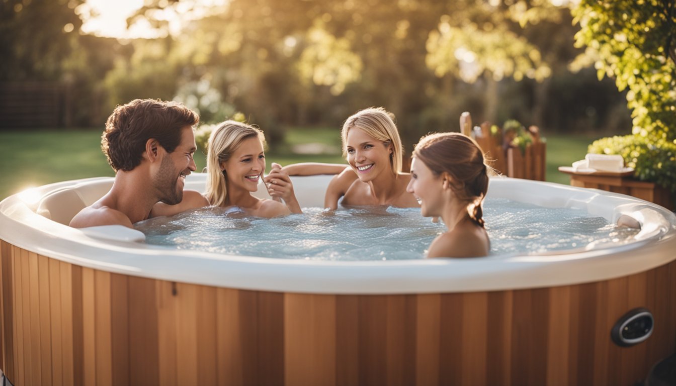 A family of four enjoys a hot tub, surrounded by essential items such as towels, a thermometer, and a cover lifter