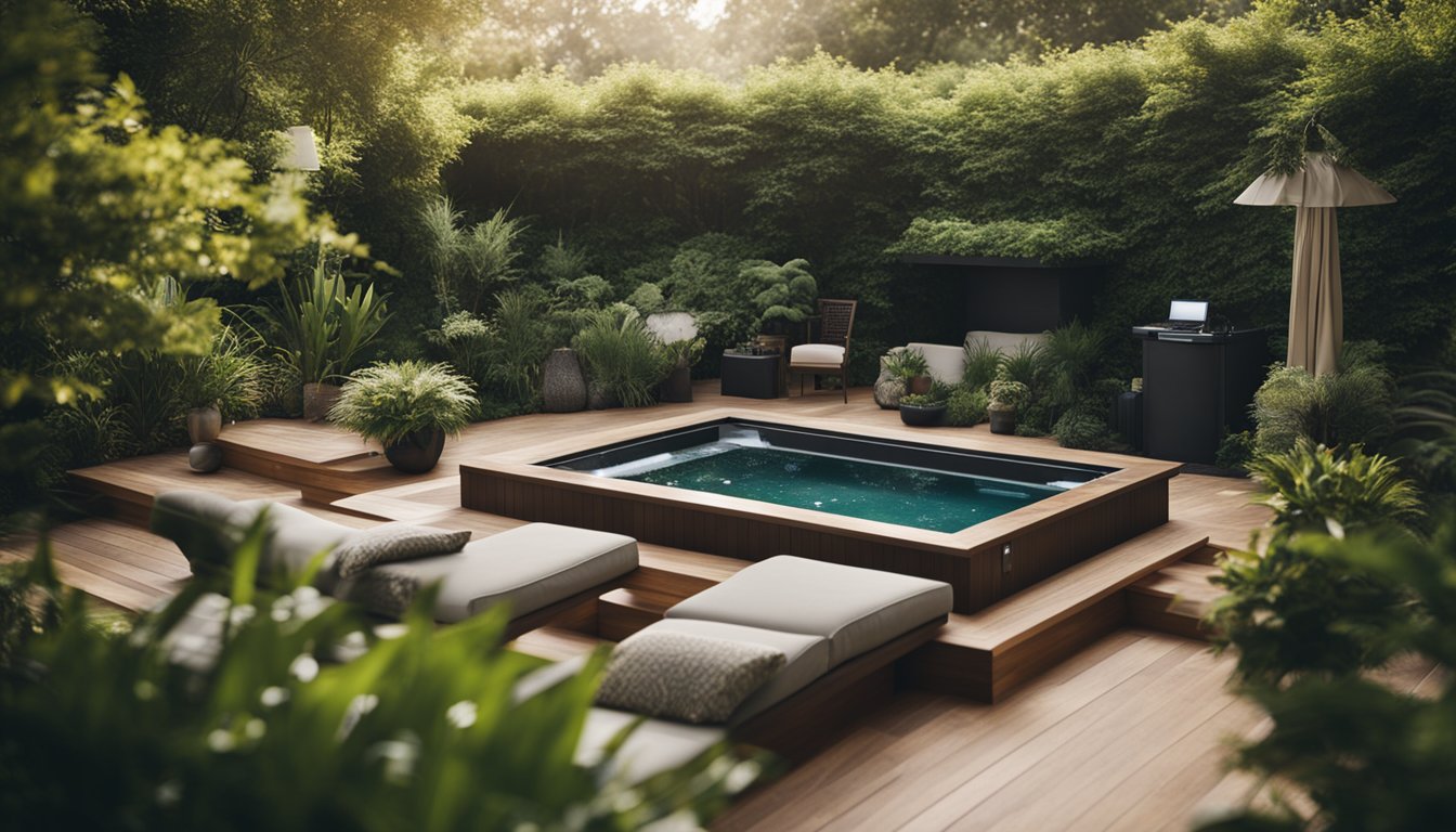 A serene backyard with a luxurious hot tub surrounded by lush greenery and comfortable seating, showcasing the ideal setting for relaxation and enjoyment