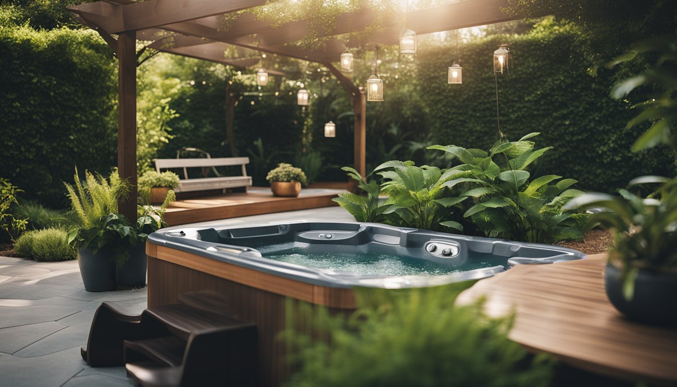 A serene backyard setting with a luxurious hot tub surrounded by lush greenery and comfortable seating, creating a perfect oasis for relaxation and enjoyment