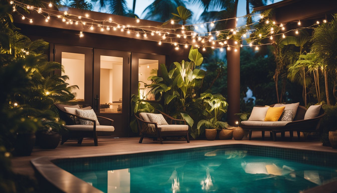 A lush garden with twinkling string lights, colorful lanterns, and a hot tub surrounded by tropical plants and comfortable seating