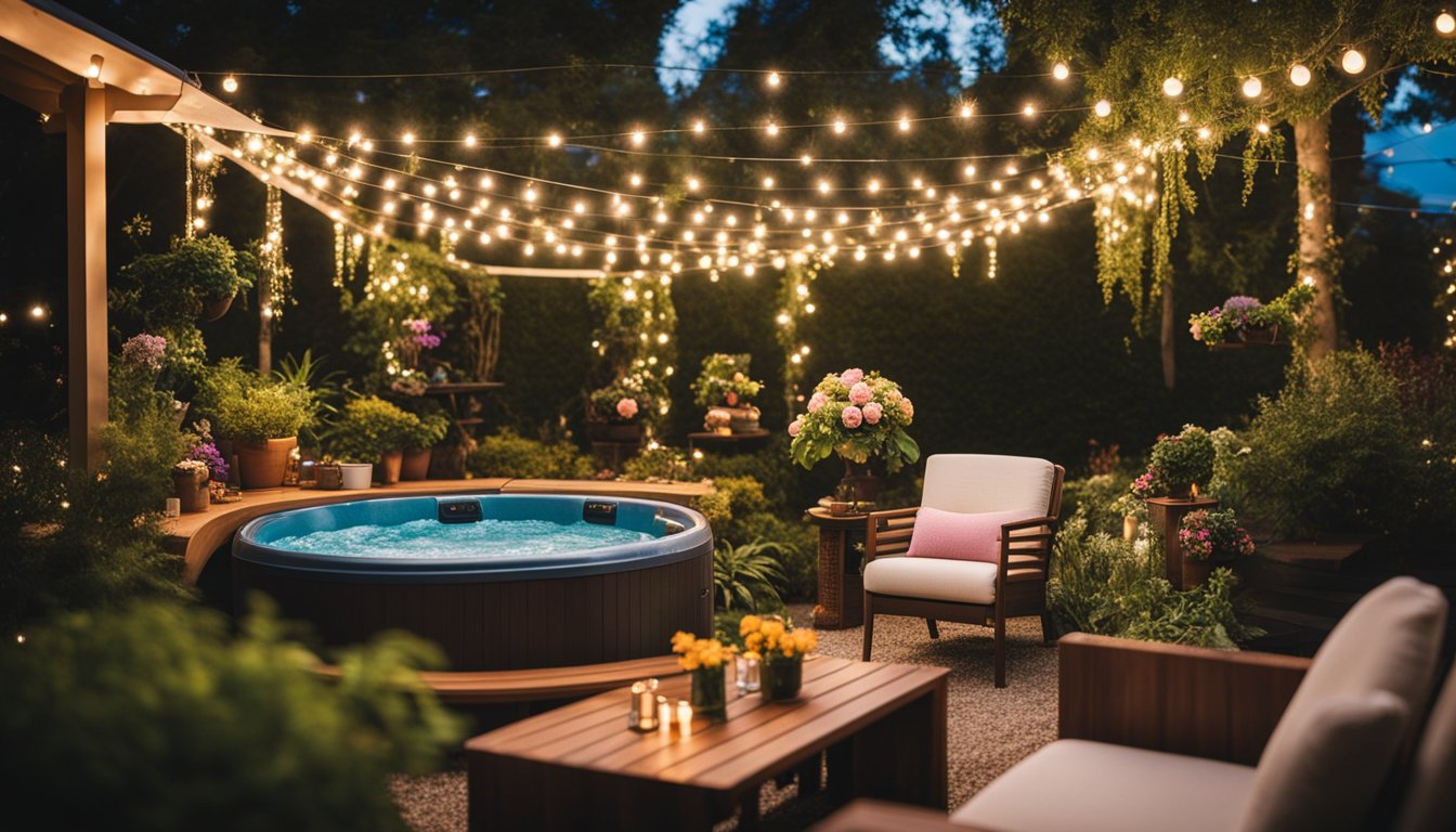 A lush garden with a hot tub as the centerpiece, surrounded by twinkling lights, colorful decorations, and cozy seating for a themed party