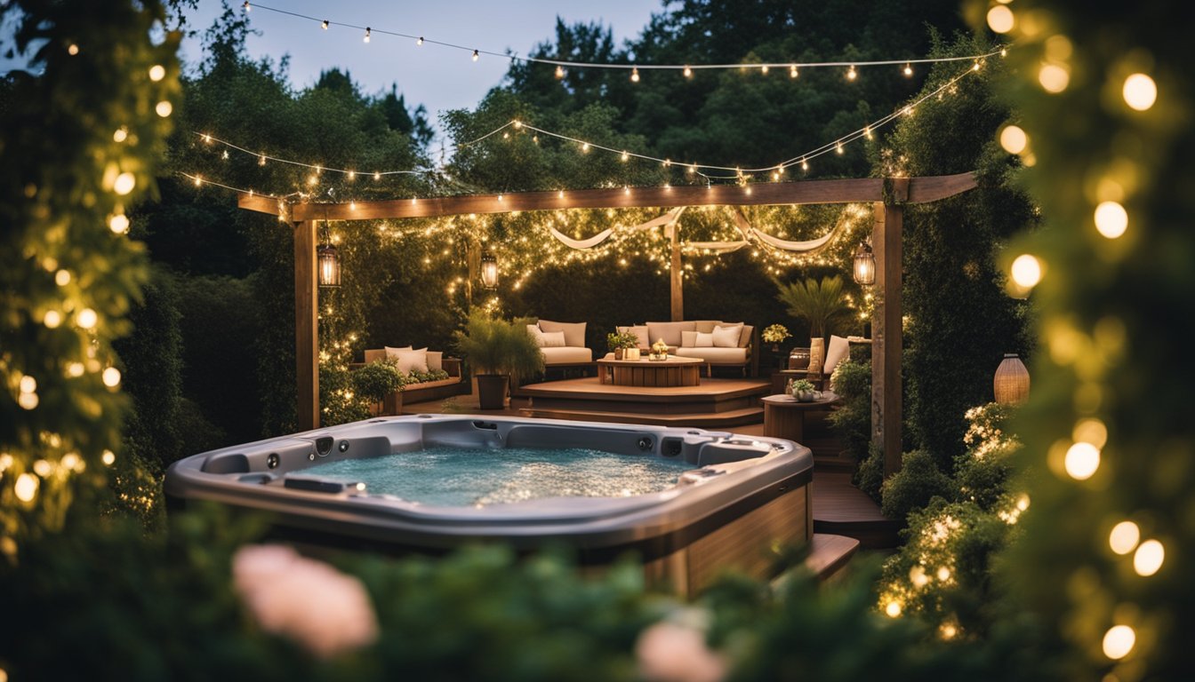 A lush garden with a hot tub as the centerpiece, surrounded by twinkling string lights, cozy seating areas, and themed decor