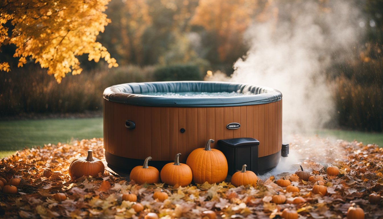 A hot tub surrounded by autumn leaves and pumpkins, with steam rising in the crisp air