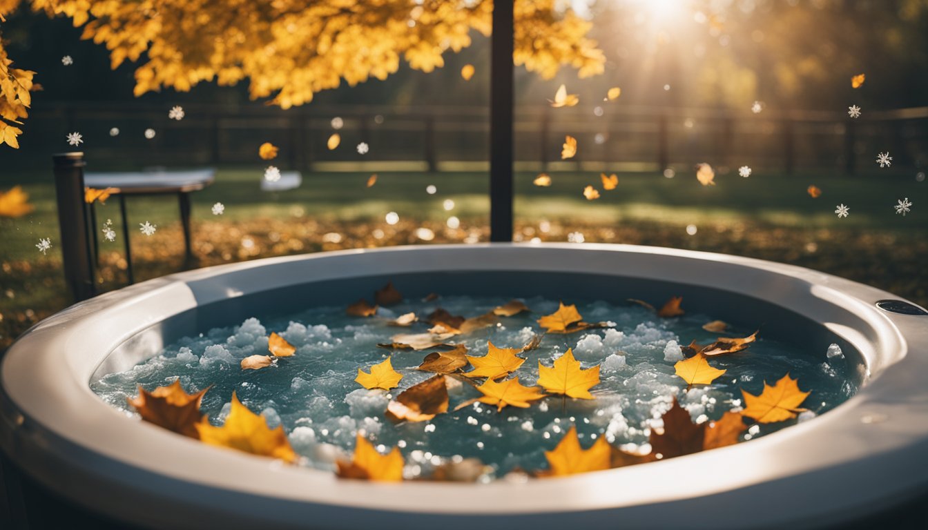 A hot tub surrounded by changing seasonal elements, such as falling leaves for autumn, snowflakes for winter, blooming flowers for spring, and sunshine for summer