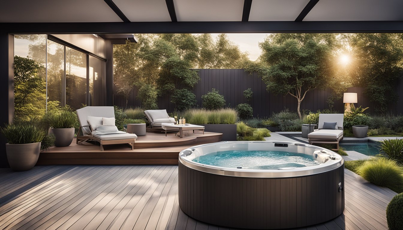 A sleek, modern hot tub with customizable features and innovative design elements, surrounded by a contemporary outdoor setting with stylish furniture and lush landscaping