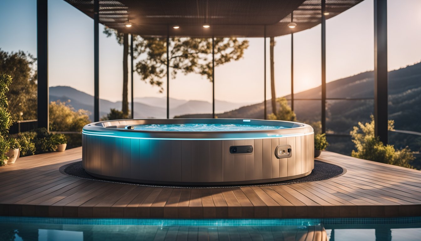 A modern hot tub surrounded by innovative features, with a backdrop of frequently asked questions displayed on a digital screen