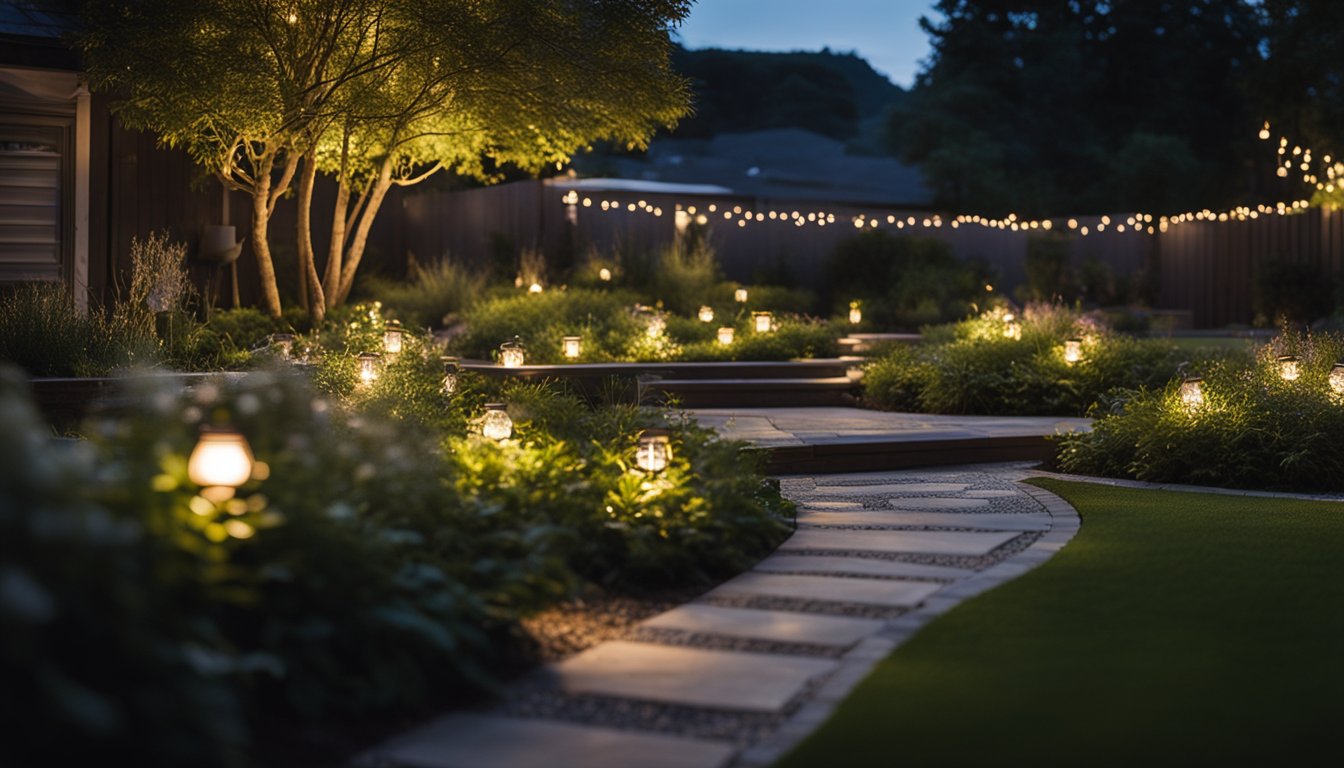 A serene garden at dusk, illuminated by various types of garden lights, casting a warm and tranquil glow over the outdoor retreat