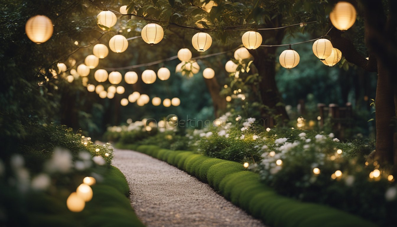 A serene garden with softly lit pathways, glowing lanterns, and twinkling fairy lights woven through trees and foliage