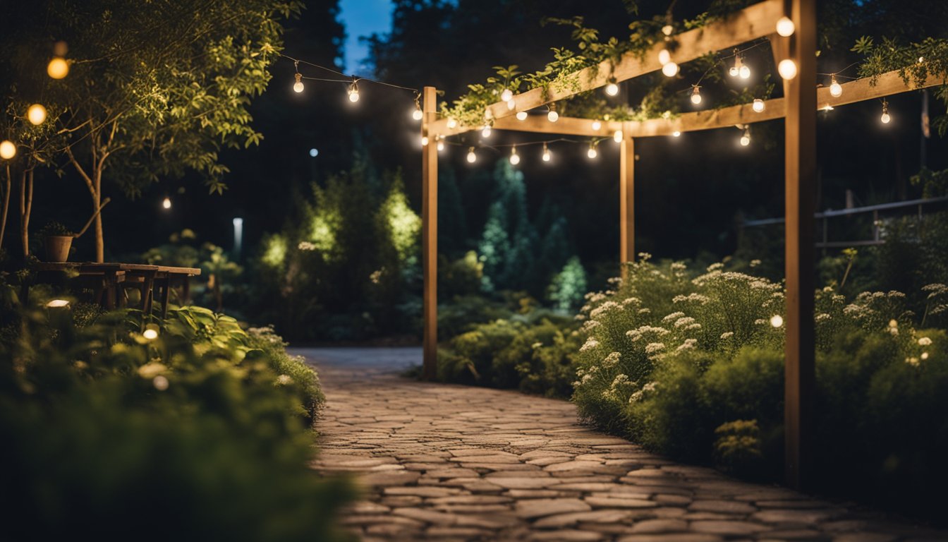 A garden at night with various types of lighting, including string lights, lanterns, and spotlights, illuminating the plants and pathways