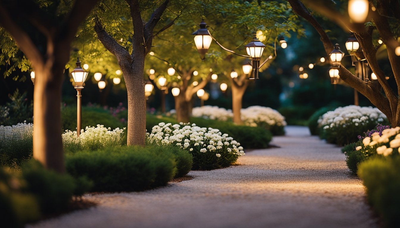 A garden with various outdoor lighting fixtures illuminating pathways, trees, and flower beds, creating a warm and inviting atmosphere