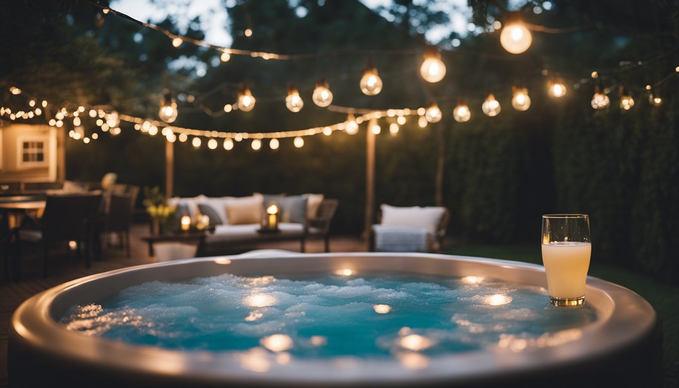 A cozy backyard setting with a bubbling hot tub surrounded by soft lighting, comfortable seating, and a table with refreshments for a memorable evening with friends