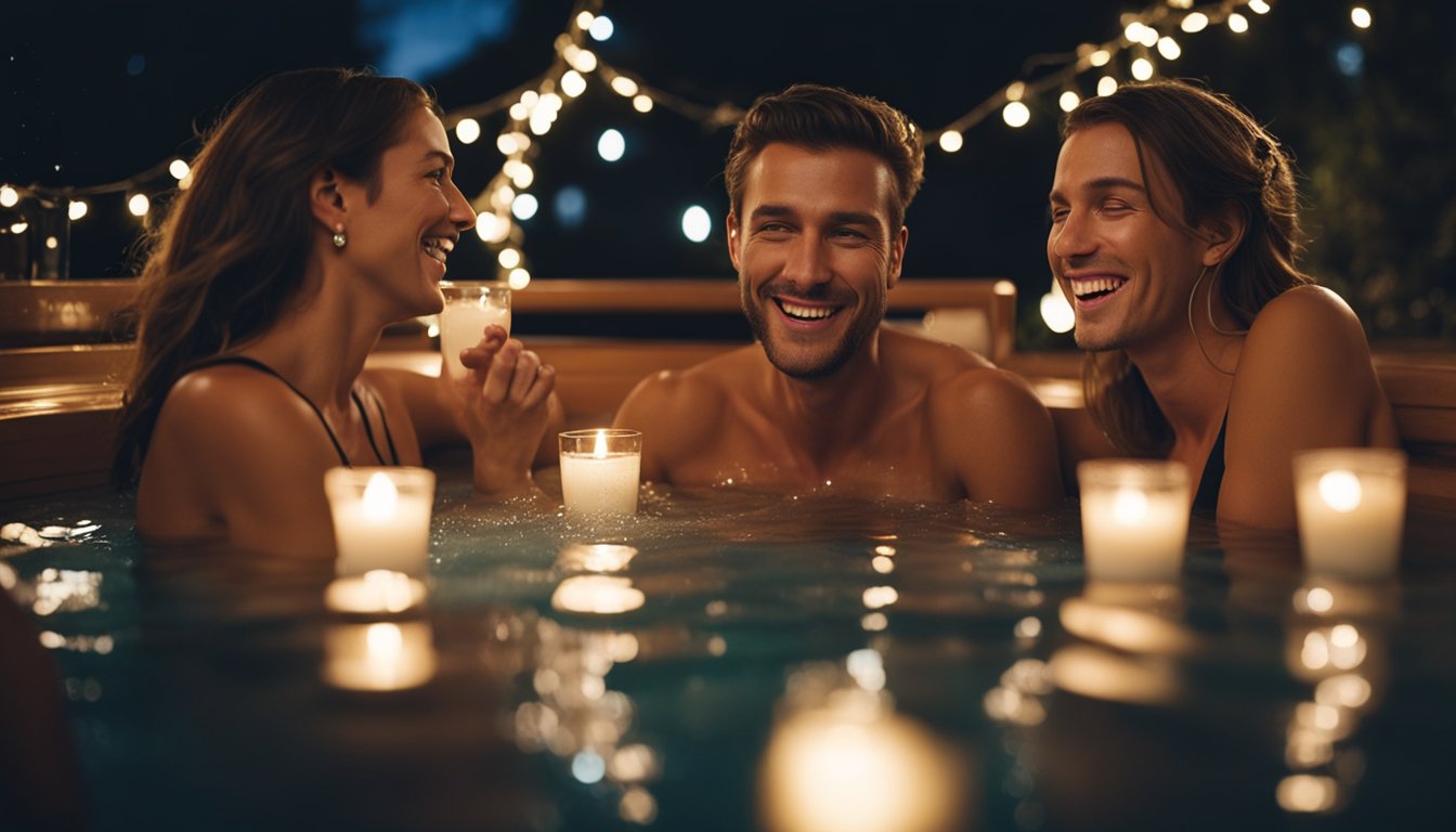 A group of friends enjoy a relaxing evening in a hot tub, surrounded by twinkling string lights and sipping on drinks. Laughter and conversation fill the air as they soak under the stars