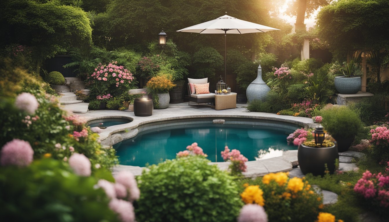 A secluded garden oasis with lush greenery and colorful flowers surrounding a hot tub, with decorative lanterns and cozy seating areas for a personal retreat