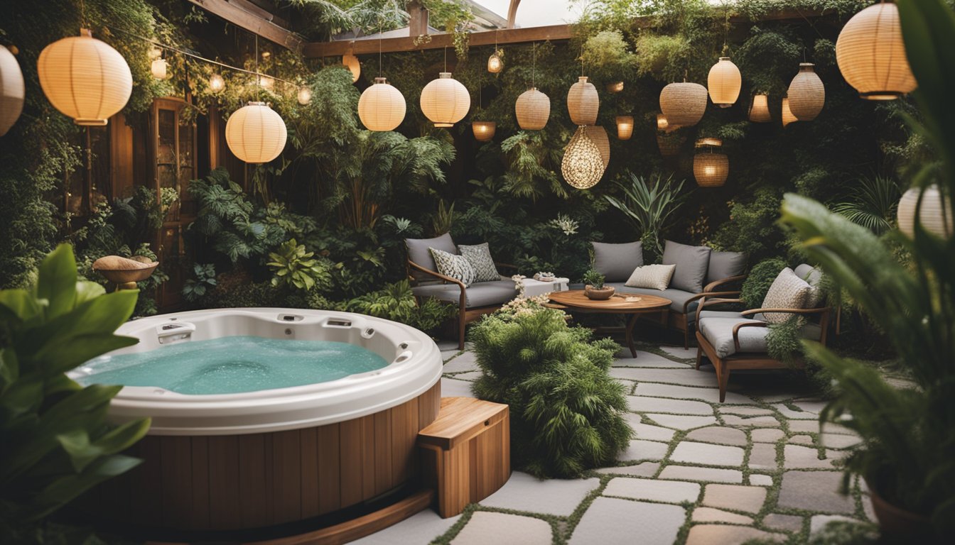 A lush garden with a hot tub as the centerpiece, surrounded by decorative elements such as potted plants, hanging lanterns, and cozy seating areas