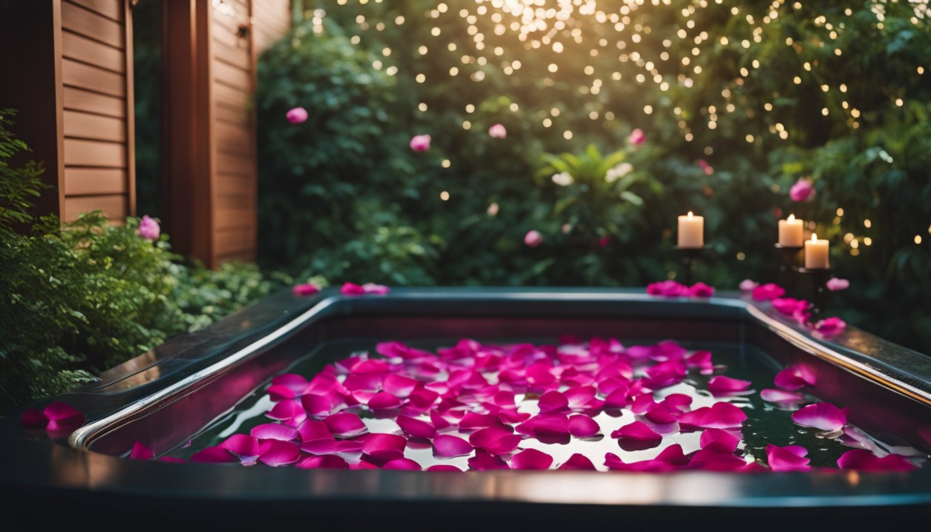 A hot tub filled with rose petals, essential oils, and floating candles, surrounded by lush greenery and soft ambient lighting