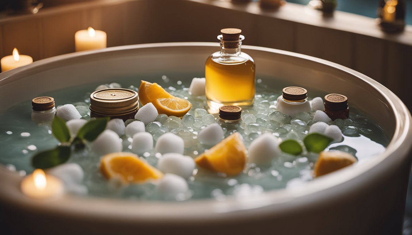 A luxurious bath soak scene with various ingredients and essential oils displayed next to a bubbling hot tub