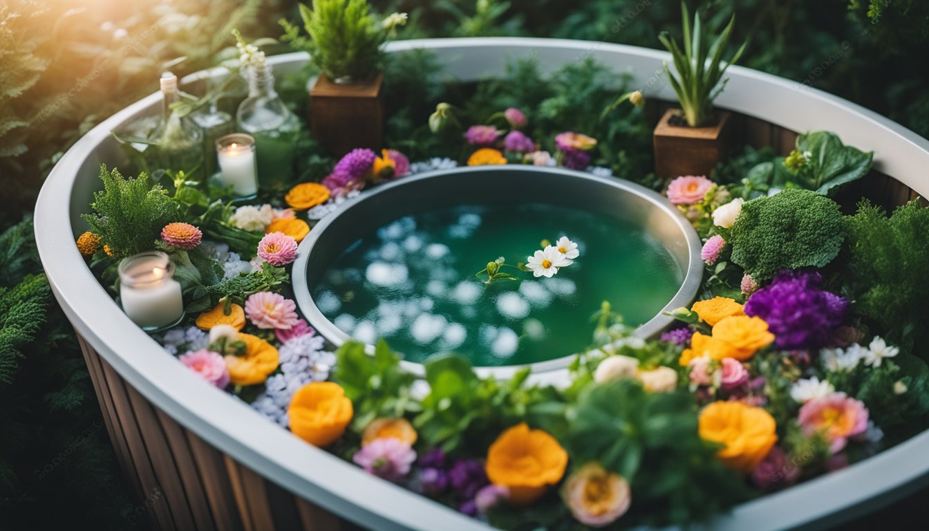 A hot tub surrounded by lush greenery, with a tray of colorful ingredients like flowers, herbs, and essential oils laid out for a luxurious bath soak