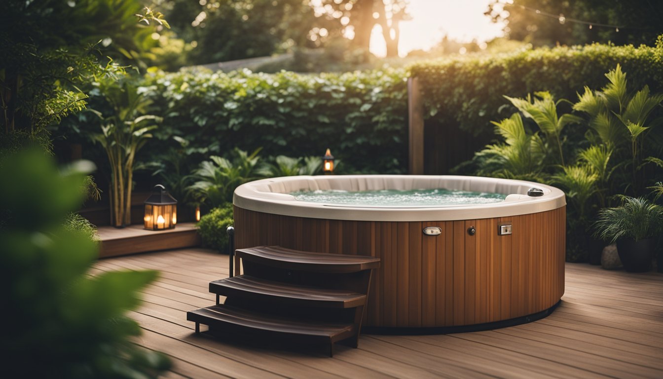 A cozy outdoor hot tub surrounded by lush greenery, soft ambient lighting, and comfortable seating, creating a serene and relaxing spa atmosphere