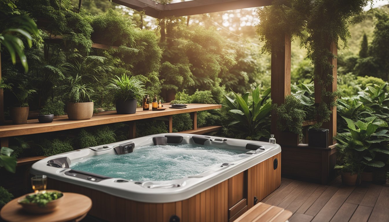 A cozy outdoor hot tub surrounded by lush greenery and comfortable seating, with added features like a towel rack and drink holders for convenience