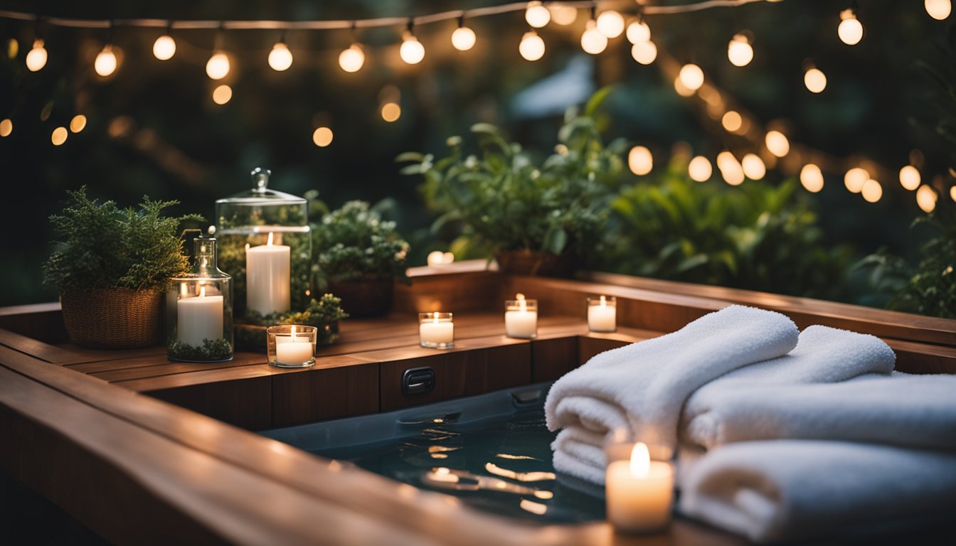 A cozy outdoor hot tub surrounded by twinkling string lights and lush greenery, with a tray of aromatic candles and a stack of fluffy towels nearby