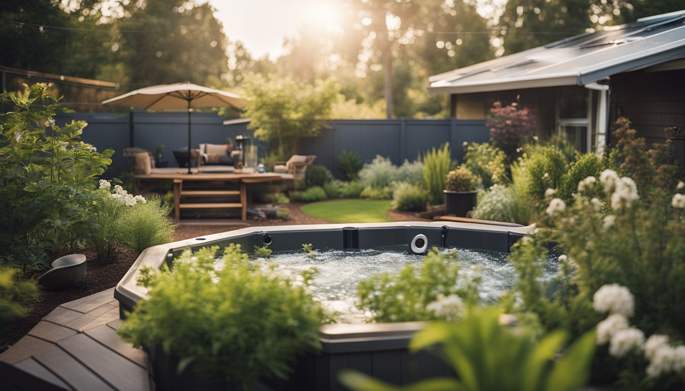 A serene backyard with a hot tub surrounded by solar panels and energy-efficient lighting, nestled among lush, native plants and a rainwater collection system