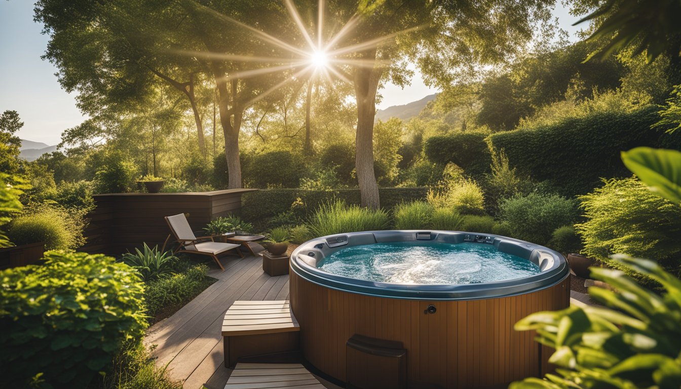 A serene hot tub nestled in a lush, eco-friendly backyard, surrounded by solar panels and energy-efficient landscaping