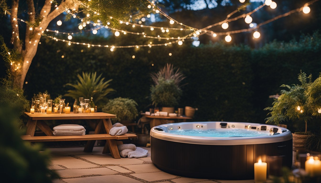 A cozy hot tub nestled in a lush backyard oasis, surrounded by twinkling string lights and a beautifully set picnic spread on a nearby table