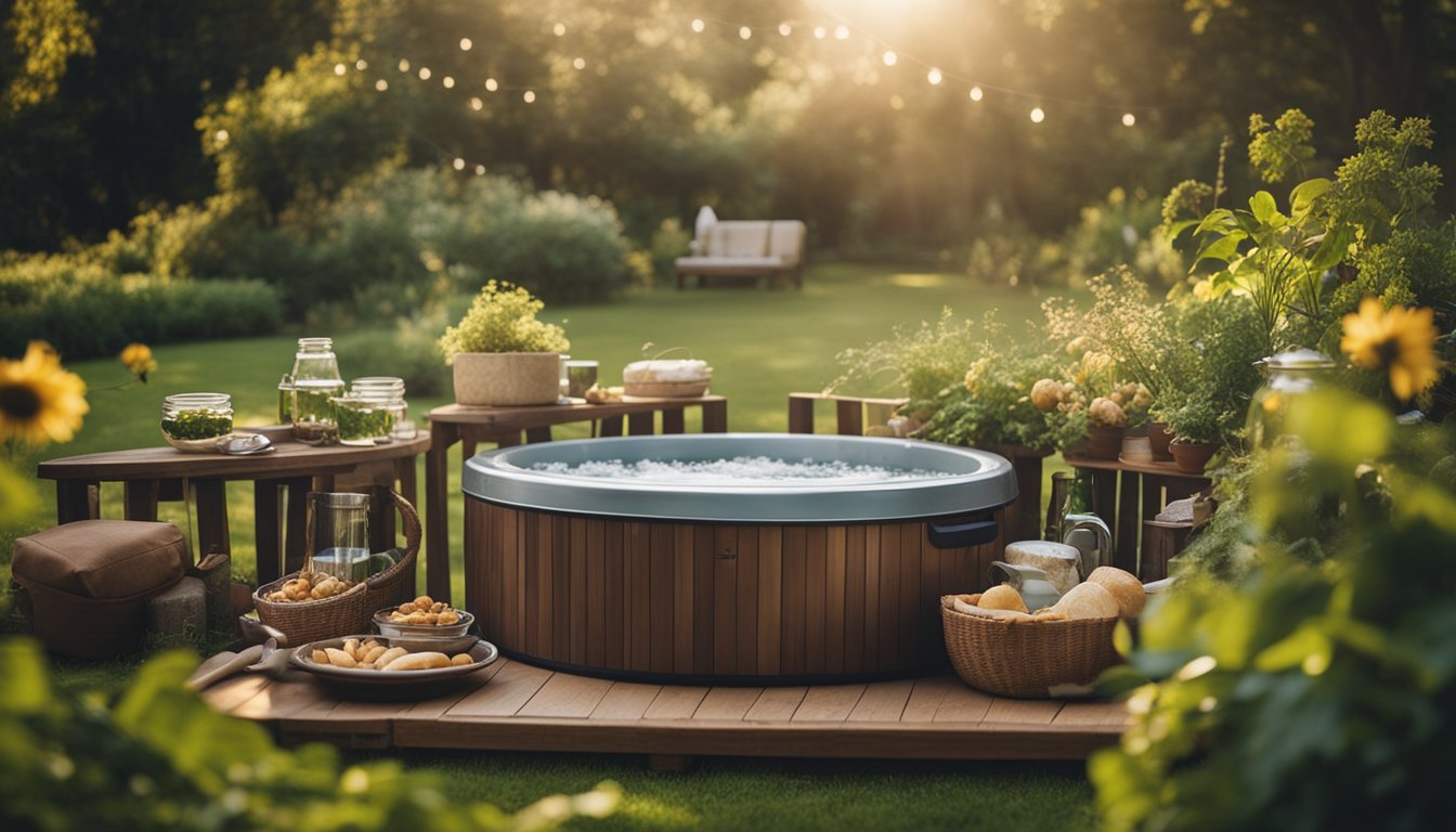 A cozy hot tub nestled in a lush garden, surrounded by a spread of gourmet picnic fare on a wooden tray. Steam rises from the tub, creating a serene and inviting atmosphere