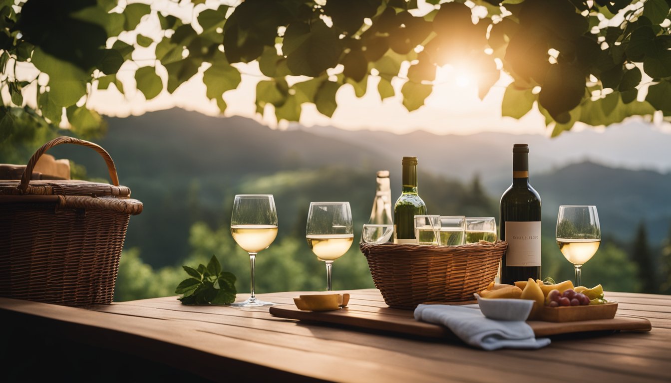 A hot tub surrounded by lush greenery, with a picnic basket and wine glasses on a nearby table. The sun is setting, casting a warm glow over the scene