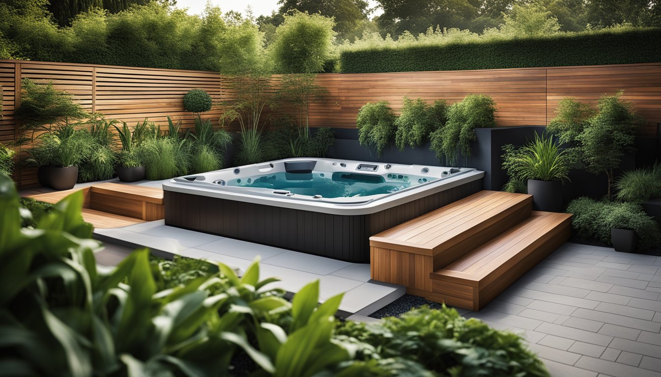 A modern hot tub surrounded by lush greenery and integrated into a stylish garden design, with features such as built-in seating, ambient lighting, and a sleek, contemporary aesthetic