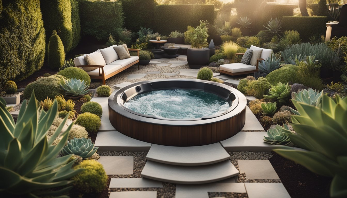 A lush garden with modern hot tub surrounded by trendy landscaping features like succulents, natural stone pathways, and cozy outdoor seating areas