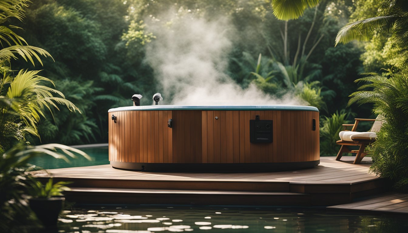 A hot tub surrounded by lush greenery, with steam rising from the water. A yoga mat and exercise equipment are nearby, creating a serene and inviting workout space