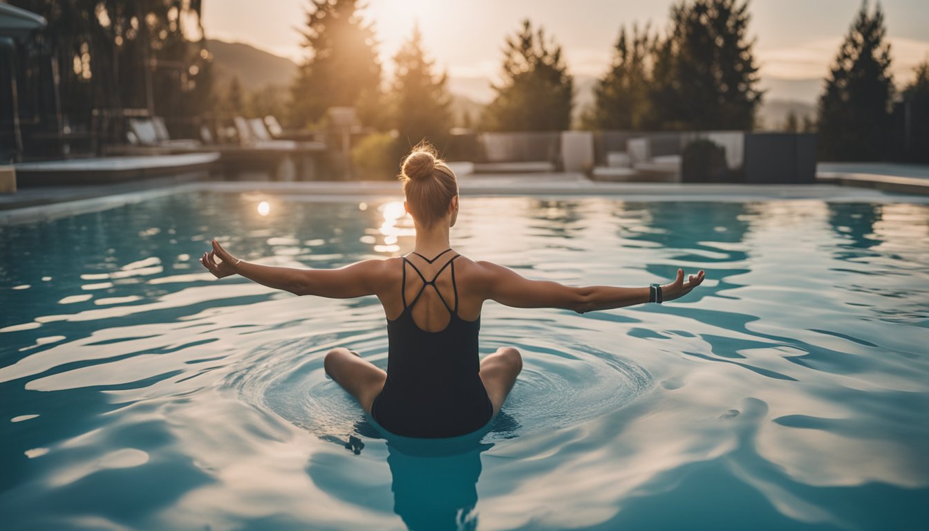 A person is doing yoga poses in a hot tub surrounded by floating exercise equipment and a list of frequently asked questions