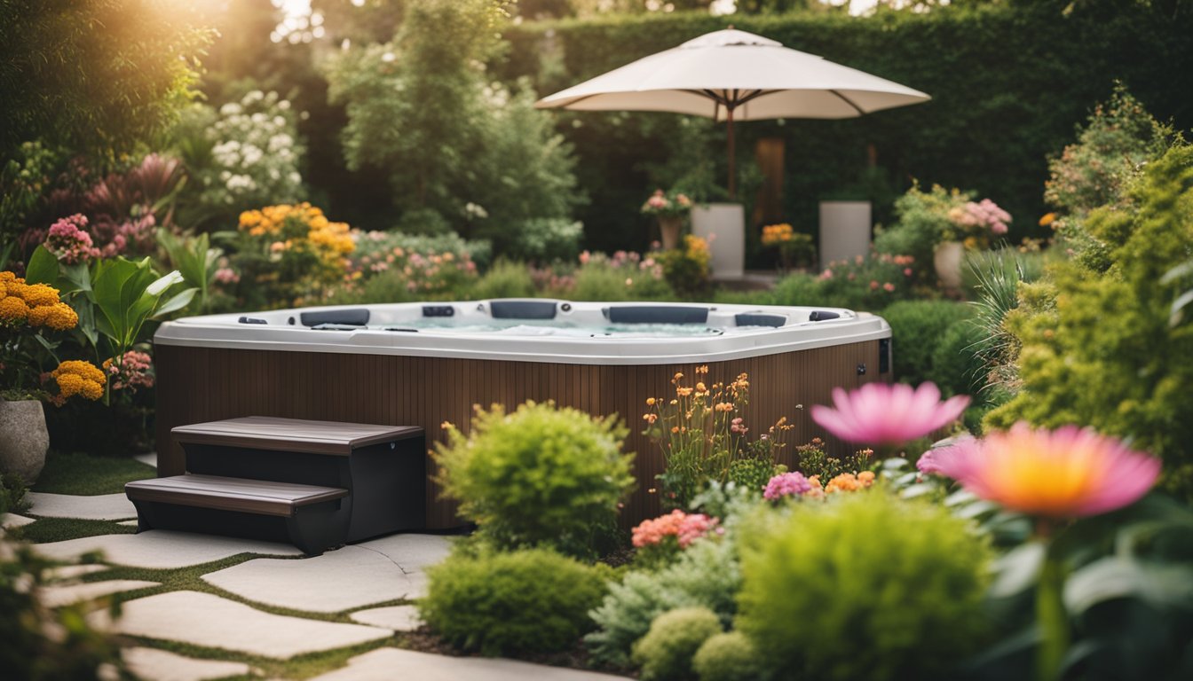 A lush garden with a hot tub as the focal point, surrounded by vibrant, hot tub-friendly plants and flowers. A peaceful and inviting oasis for relaxation and rejuvenation