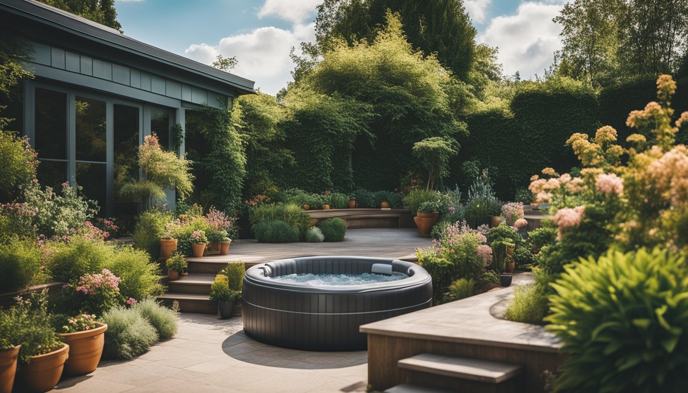 Lush garden with a hot tub surrounded by vibrant, low-maintenance plants and flowers. Sunshine and relaxation vibes