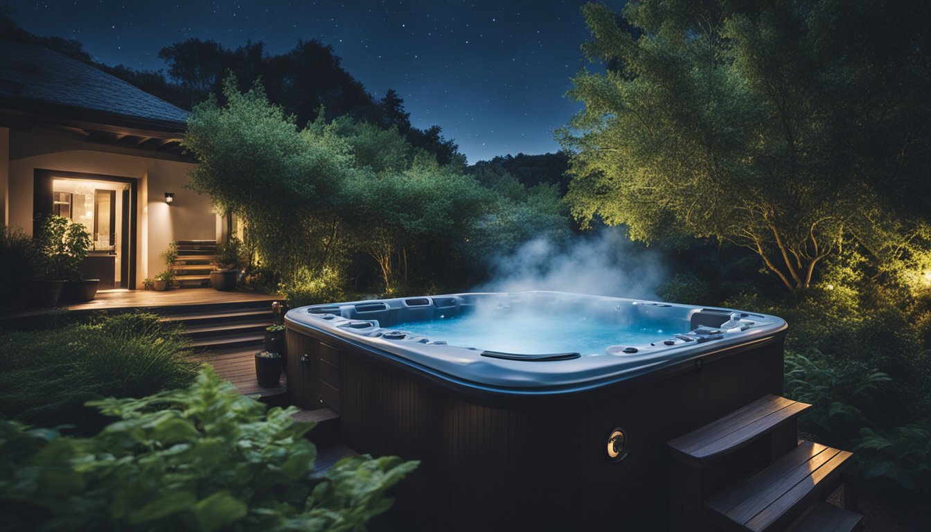 A serene, secluded hot tub nestled in a lush garden, surrounded by steam rising from the bubbling water under a starry night sky