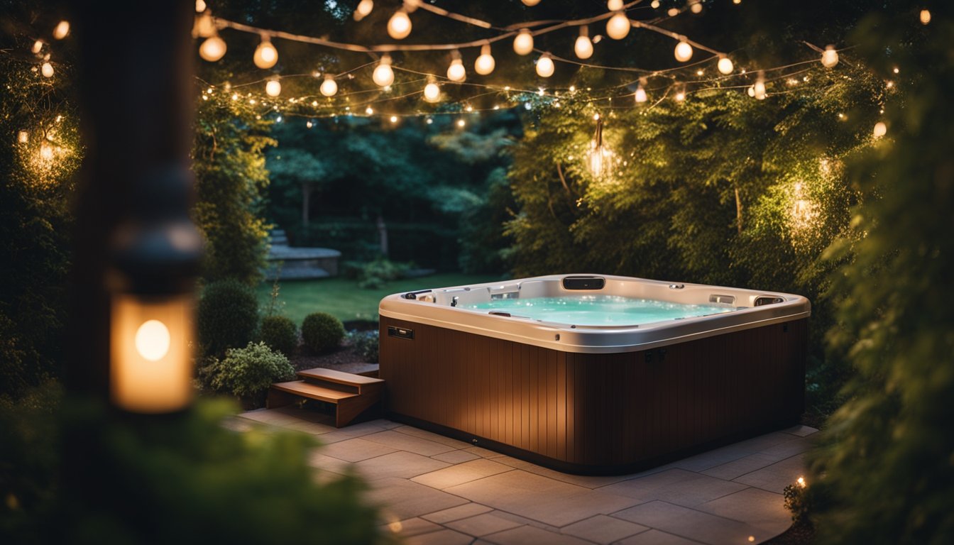 A serene hot tub nestled in a secluded garden, surrounded by lush greenery and softly lit by twinkling fairy lights