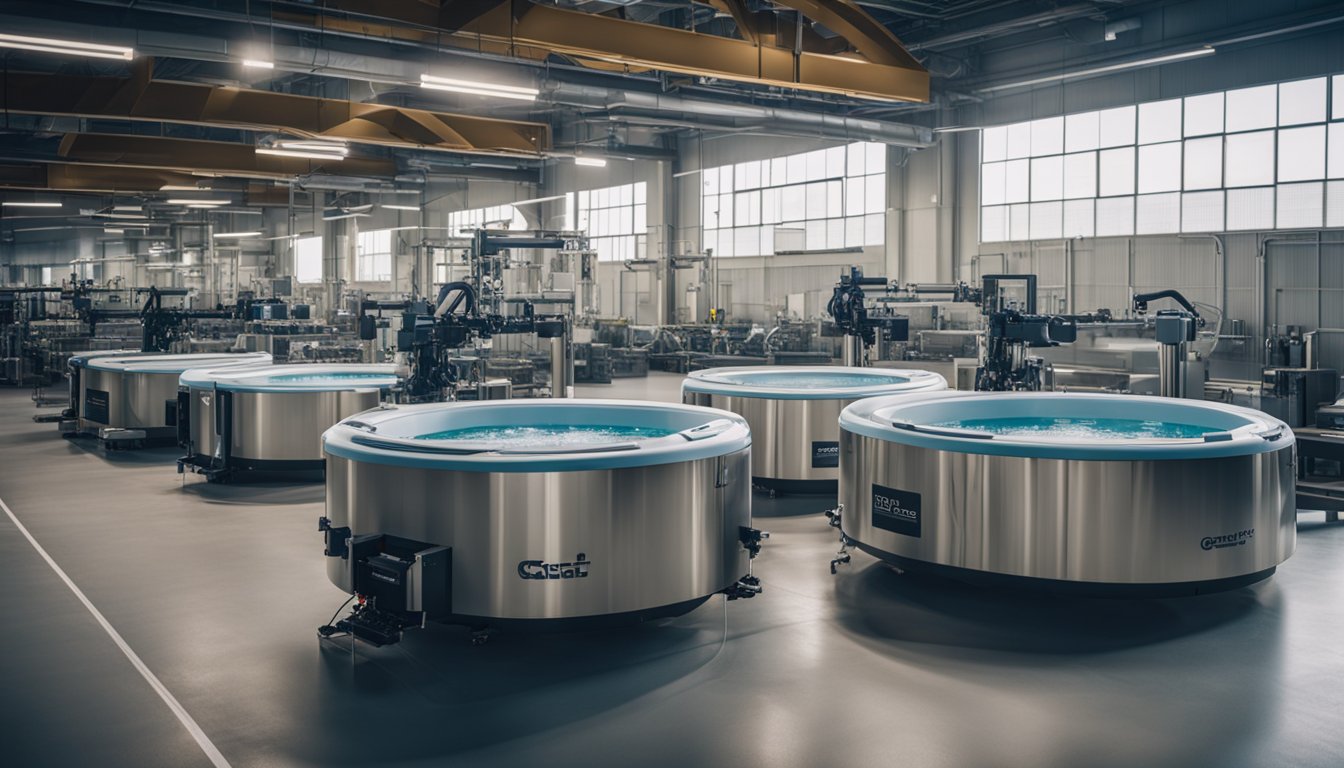 A modern hot tub production facility with robotic arms customizing each tub for sustainability