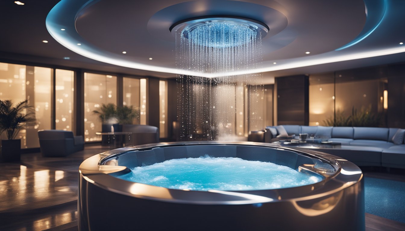 A hot tub surrounded by futuristic technology, with bubbling water and sleek design elements