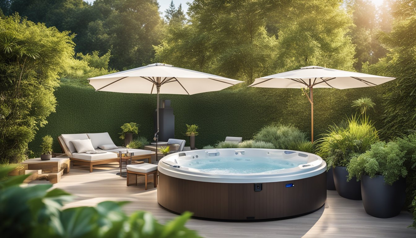 A modern hot tub with integrated technology and luxurious comfort features, surrounded by a serene outdoor setting with lush greenery and a clear blue sky