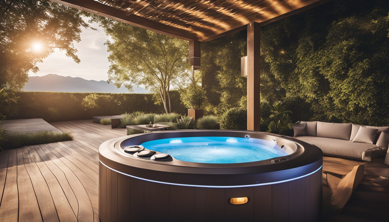 A hot tub surrounded by innovative features, such as built-in speakers, LED lighting, and adjustable jets, creating a luxurious and relaxing atmosphere