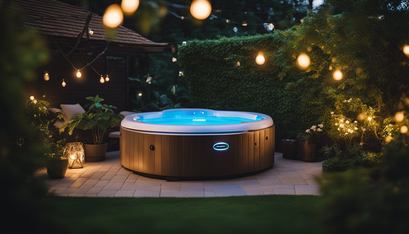 A hot tub nestled in a tranquil backyard, surrounded by soft glowing lights and lush greenery. A Bluetooth speaker plays soothing music, adding to the ambiance of evening relaxation