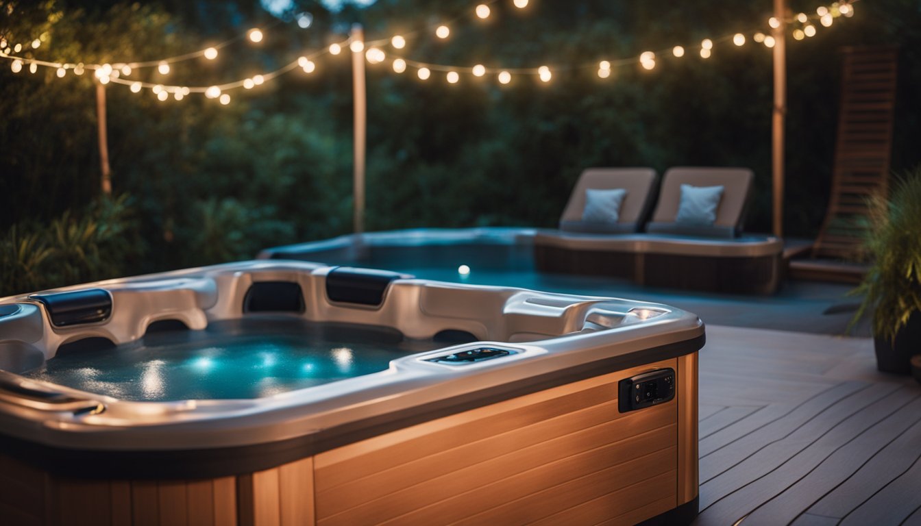 A serene evening scene with a hot tub surrounded by soft lighting, lush greenery, and a starry sky. A phone or speaker sits nearby, playing relaxing music