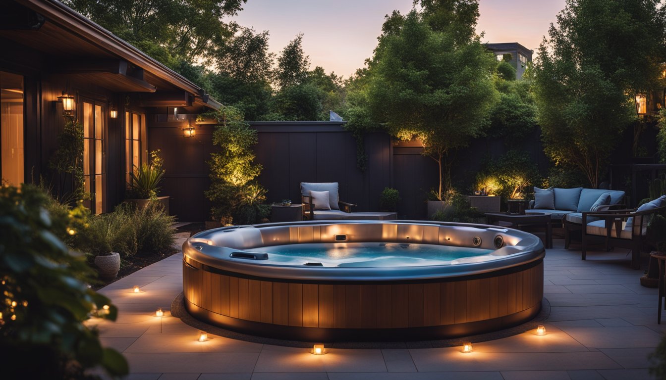 A cozy backyard hot tub at dusk, surrounded by soft lighting and lush greenery, with a high-quality audio system playing soothing music for evening relaxation