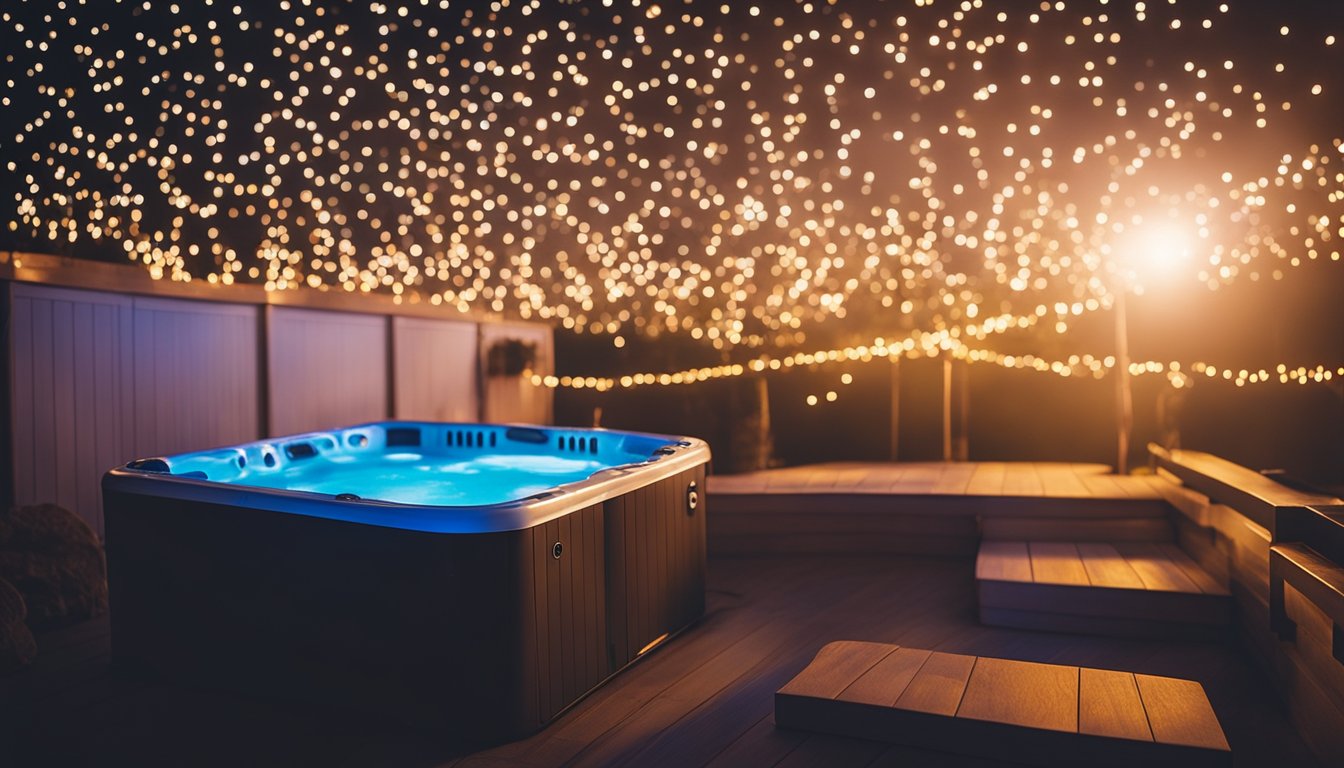 A hot tub surrounded by soft, glowing lights under a starry sky, with a Bluetooth speaker playing soothing music